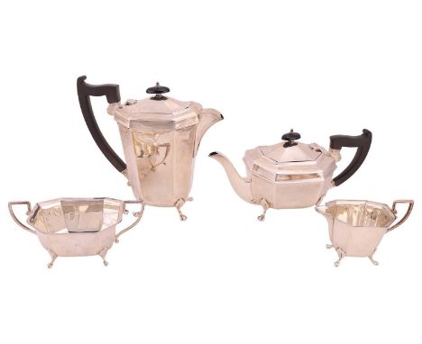 A four-piece silver tea service, Sheffield 1932/1933 by Emile Viner, of tapering, panelled octagonal form, comprising a teapo