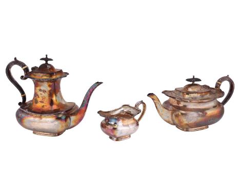 A silver three-piece tea service, the teapot and hot water jug with reeded ebonised knops and ivory insulators to the silver 