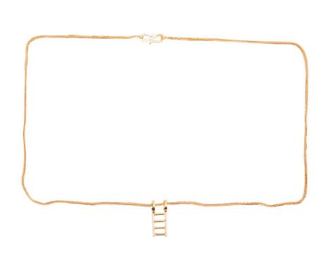 A ladder charm pendant on chain, to a foxtail chain with S-hook clasp, in yellow metal stamped '916', pendant drop 1.7 cm, ov