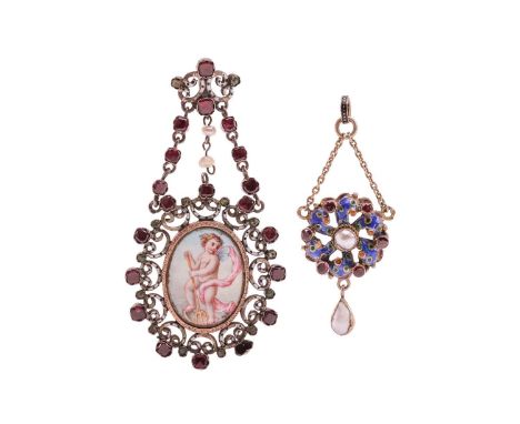 A gem-set porcelain pendant and another; the late 19th century French porcelain, enamel, garnet, peridot and seed pearl locke