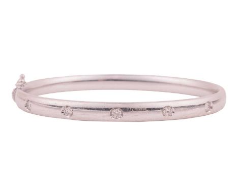 A diamond-set hinged bangle, the court-shaped bangle flush-set to the front with five round brilliant diamonds, with an estim