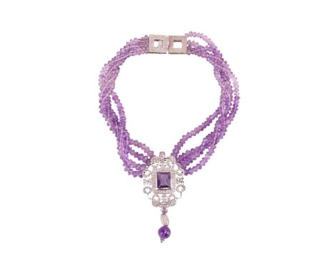 A gem-set choker necklace, composed of an openwork pendant set with diamonds, paste and amethyst, with an additional suspende
