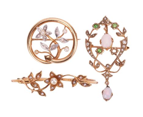 Three Edwardian gem-set brooches; to include a pendant brooch set with opal cabochons, circular-cut demantoids and graduated 