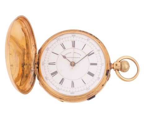 An 18ct gold full hunter centre seconds chronograph pocket watch, featuring a keyless wound movement, signed Arthur Rogers of