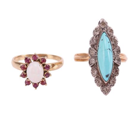 Two gem-set dress rings; comprising an opal and ruby floral cluster ring, the central opal cabochon surrounded by ten rubies,