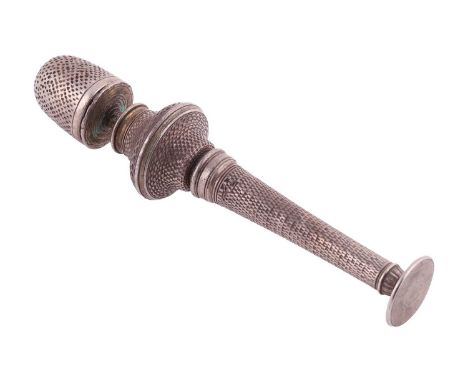A mid 18th Century needle case with detachable thimble, engine-turned, white metal unmarked, measuring 9.6 cm in length, weig