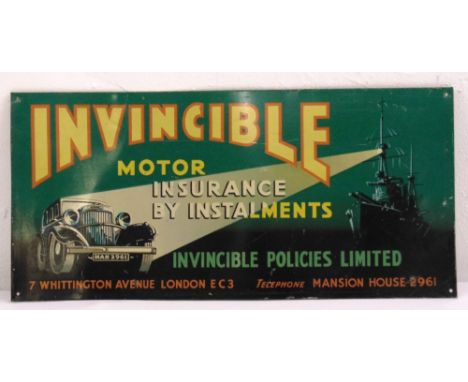 A rectangular polychromatic enamel sign for Invincible Insurance, 23.5 x 51cm