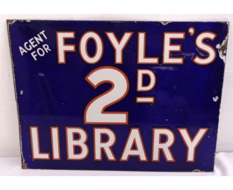 A rectangular polychromatic double sided enamel sign for Foyles 2d library, 38 x 50.5cm