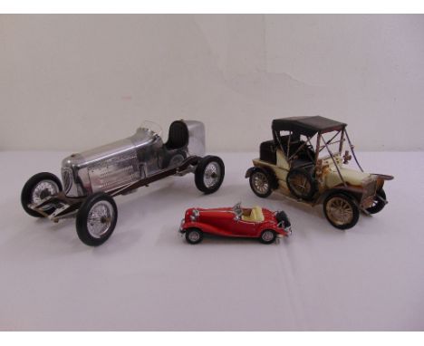 Three scale model sports cars to include Bugatti and a 1935 Mercedes