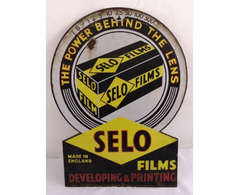 A shaped double sided polychromatic enamel sign for Selo Films, 58.5 x 43cm