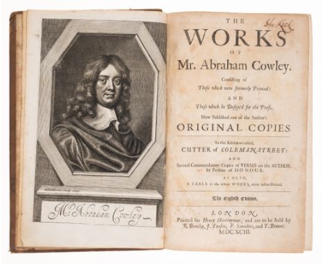 Cowley (Abraham) The Works... to this Edition are added, Cutter of Coleman-Street [...],  eighth edition, engraved portrait f