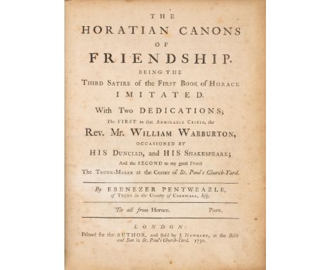 [Smart (Christopher)] The Horatian Canons of Friendship. Being the Third Satire of the First Book of Horace Imitated...by Ebe