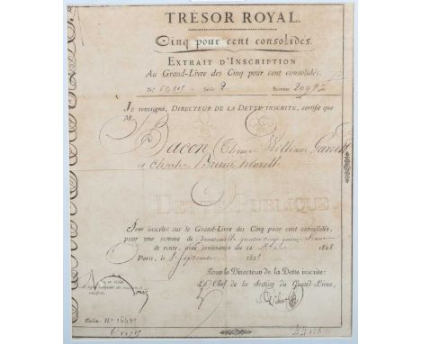SHARE CERTIFICATES. An early 19th century French loan bond detailed ‘Tresor Cinq Pour Cent Consolidés’ dated 1828, 24cm x 19.