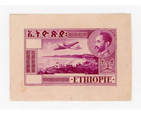 Ethiopia 1947 imperf proof on card with blank value tablets used for $3 airmail stamp. Provenance: the archive of Alan Dow, e
