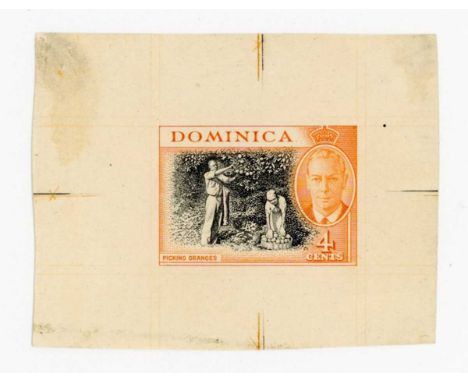 Dominica 1950 4 cents imperf proof in different colours to issued stamp. Provenance: the archive of Alan Dow, engraver for Br