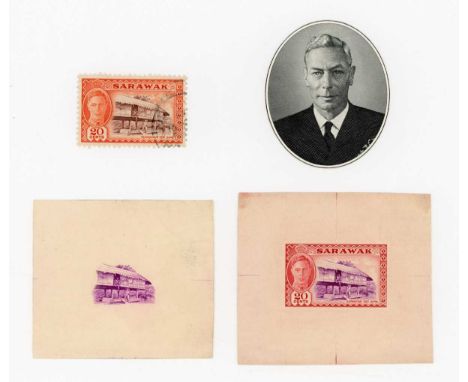 Sarwak 1950 20 cents stamp imperf proof stuck to backing paper and torn in unissued colours, imperf proof of central vignette