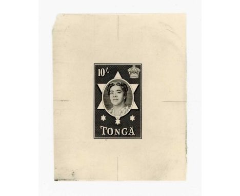 Tonga 1953 10 shillings stamp Queen Salote imperf proof in black. Provenance: the archive of Alan Dow, engraver for Bradbury 