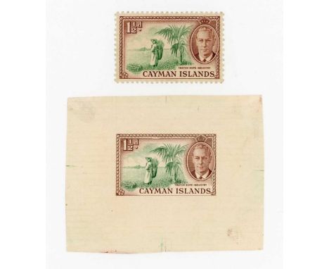 Cayman Islands 1950 1½d imperf proof in issued colours, with example of issued stamp. Provenance: the archive of Alan Dow, en