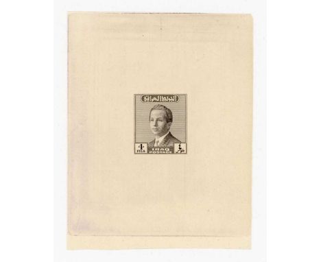 1957 King Faisal II 4 fils imperf proof in grey black (stamp issued in violet). Provenance: the archive of Alan Dow, engraver