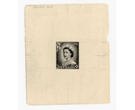 New Zealand 1954 imperf proof in black of 2d stamp, new definitive. Provenance: the archive of Alan Dow, engraver for Bradbur