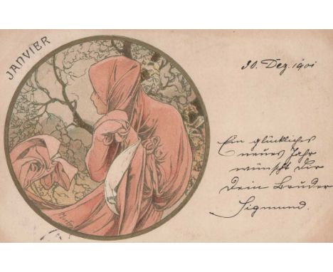 An album containing a set of 12 French Art Nouveau colour lithographic postcards by Alphonse Mucha, circa 1900, titled 'Janvi