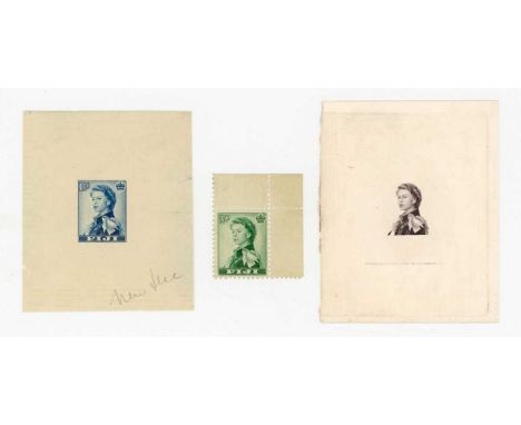 Fiji 1956 1½d stamp imperf proof in blue (issued stamp sepia) and Queen's portrait only with Bradbury Wilkinson imprint, with