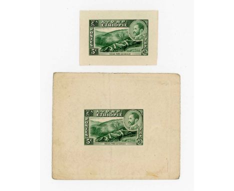 Ethiopia 1947 two imperf stamp proofs, one on card in issued design of 5 cents. Provenance: the archive of Alan Dow, engraver
