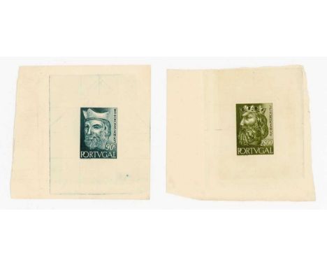 Portugal 1955 imperf proofs 90 cents King Alfonso III stamp in blue and $2 Pedro 1 in olive green. Provenance: the archive of