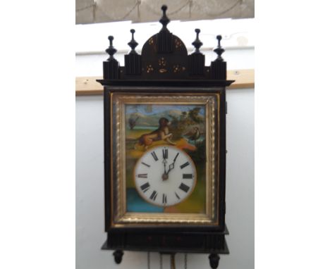 19th century picture frame wall clock hand painted depicting hunting scene.