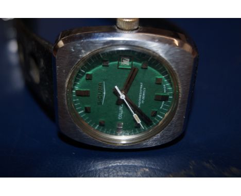 Vintage Sicura Collins Gents Wristwatch Manual Wind Green Dial, Day Date at 3 o'clock. Currently ticking and keeping good tim