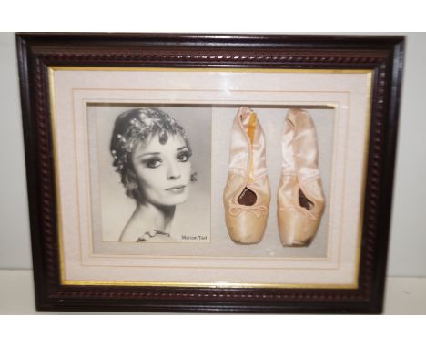 Framed Marion Tait shadow box, containing ballerina shoes and print portrait