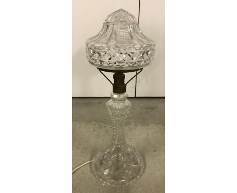 A cut glass table lamp base and shade. Shade a/f Total height approx 57cm tall.