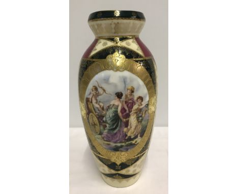 A Vienna porcelain vase with hand painted classical panel. Beehive mark to base. Approx. 26cm tall.