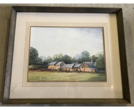 R. Fleming signed watercolour of farm buildings. Framed and glazed. Approx. 27 x 37cm