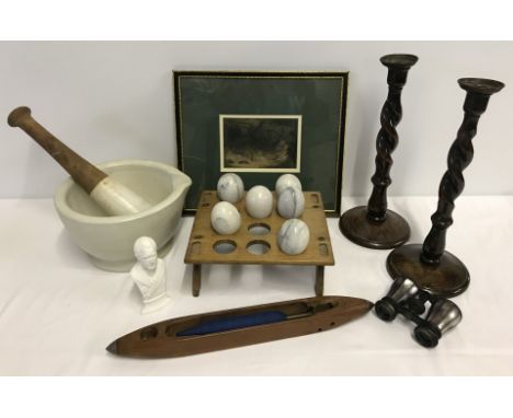 A collection of assorted items. Comprising:- Abalone Paua shell opera glasses, Poole pottery bust of Lord Mountbatten, a pair