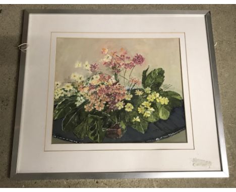 Leslie Broadhurst signed watercolour of primroses. Framed and glazed. Approx. 33 x 39cm.