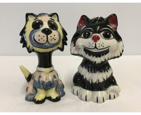 2 Lorna Bailey ceramic cat figurines. One of black and white colourway with red nose and ears, and the other a long necked ca