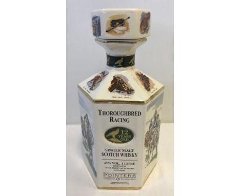 Pointers of London 'Thoroughbred Racing' ceramic Single Malt Scotch Whisky decanter (empty). Decorated with horse racing scen