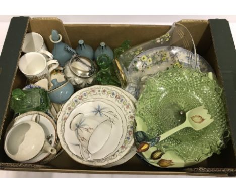 A quantity of assorted ceramics and glassware items. To include Carlton ware dish, Langley pottery cruet & blue and white mea