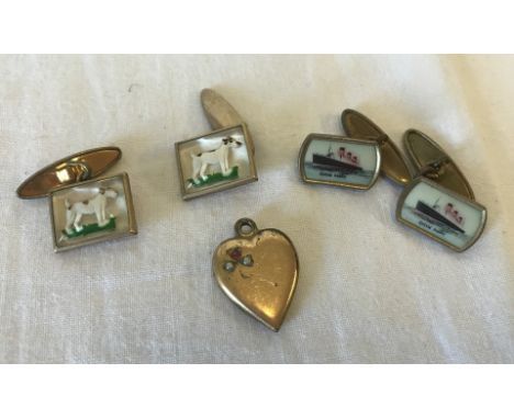 2 vintage pairs of gold plated cufflinks with enamelled design, together with a gold plated pendant. One pair of cufflinks is