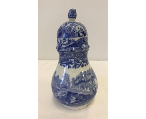 A blue and white Copeland Spode "Italian" sugar sifter with screw top lid.  Approx. 16cm to top of finial.