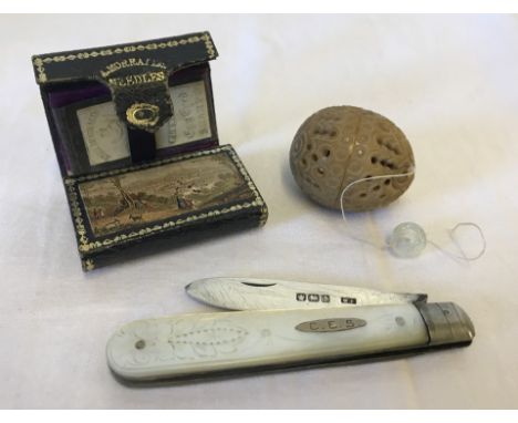 3 small items comprising: Needle case, thimble case and fruit knife. A vintage wallet style needle case complete with envelop