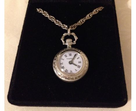 A ladies Tissot miniature pocket watch style pendant watch on a heavy hallmarked silver chain. In good working order. 