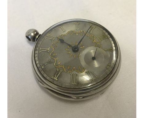 A silver cased pocket watch with engine turned silver dial. Hallmarked London 1870. Approx. 5cm diameter.