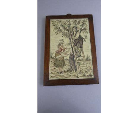 A 19th Century French Coloured Ivory Plaque with Incised Decoration depicting Boy on Ladder to Apple Trees Passing Fruit to M