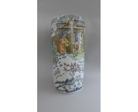 A Mid 20th Century Chinese Glazed Stoneware Cylindrical Stick Stand decorated in Coloured Enamels depicting Figures in Winter