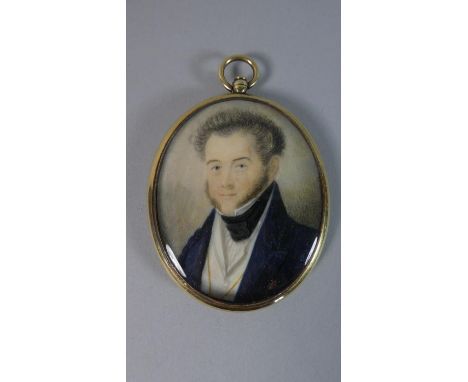 A Gold Framed Mourning Oval Portrait Miniature Locket of Early 19th Century Gent with Braided Hair Verso. 7cms High 