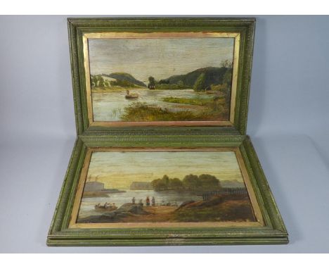 A Pair of Late 19th Century Folk Art Naive Oil Paintings on Board Showing Images of Figures and Boats Working on a River, In 