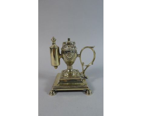 A French Silver Plated Table Lighter in the Form of an Urn on Square Stepped Plinth, Complete with Wick/Spill Holder. 12cms T