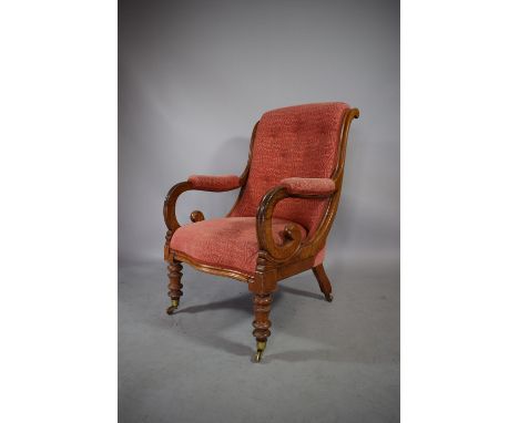 A Late Victorian Walnut Framed Ladies Scrolled Armchair with Button Upholstery. 